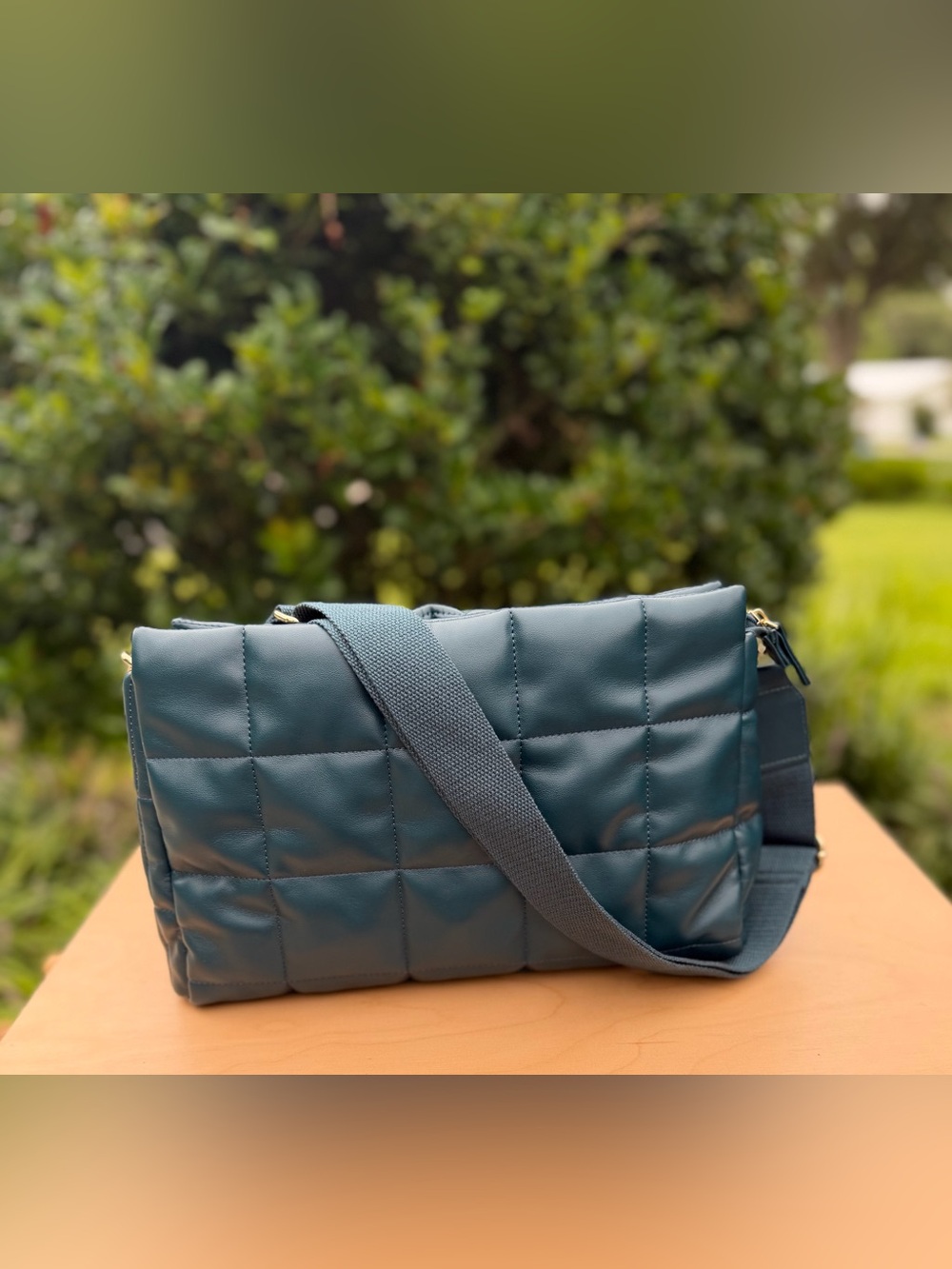 Summer Rose Teal Lightweight Quilted Crossbody Adjustable Strap Gold Hardware